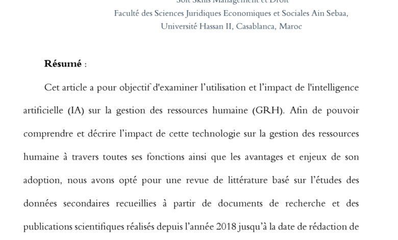 L’impact de l’Intelligence Artificielle sur la Gestion des Ressources Humaines : Une revue de littérature